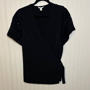 Cato Black Wrap Blouse with Lace Sleeves